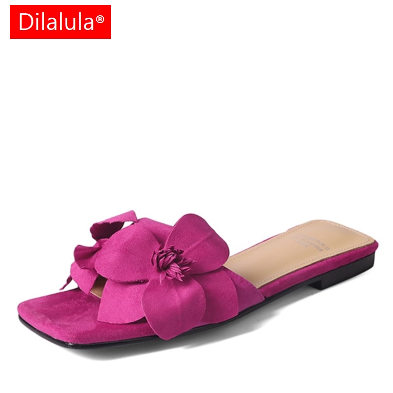 Dilalula 2025 ของแท้หนังรองเท้าแตะสุภาพสตรีดอกไม้หวานส้นแบนล่อฤดูร้อนห้องพักช่วงวันหยุดแฟลตผู้หญิงสบายๆสไลด์