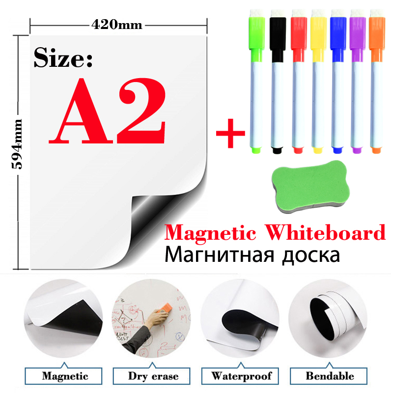 Pizarra blanca de borrado en seco tamaño A2 con magnético para menús de cocina, tableros de mensajes de dibujo reutilizables, tableros de anuncios, imán para nevera