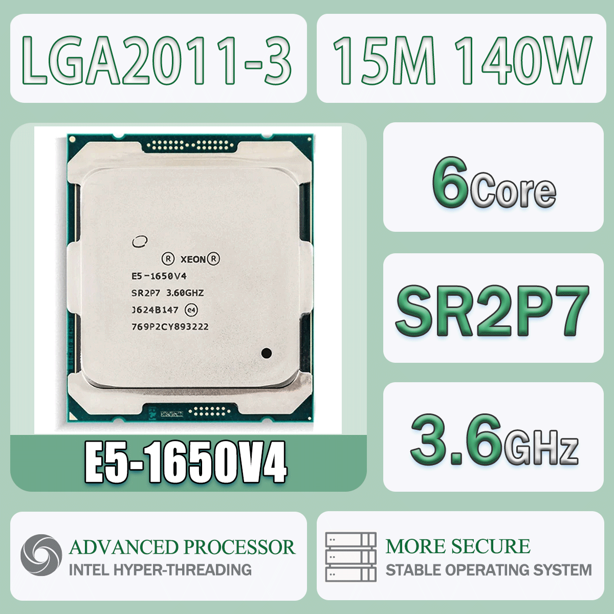 Intel Xeon E5-1650V4 3.6GHz 6 cœurs 15 mo 140W E5 1650 V4 ordinateur processeur d'unité centrale serveur E5 1650V4 paquet LGA 2011-3 SR2P7