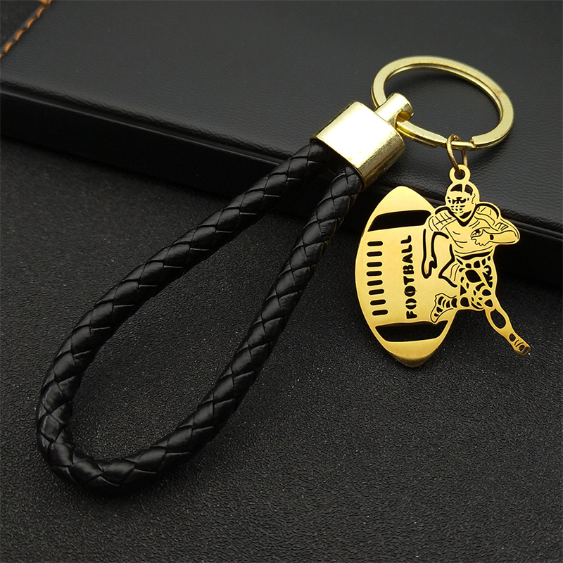 Chaveiro de aço inoxidável para mulheres e homens, jogador de futebol americano, EUA Rugby Game Pendant, cor do ouro, chaveiro de couro PU, jóias