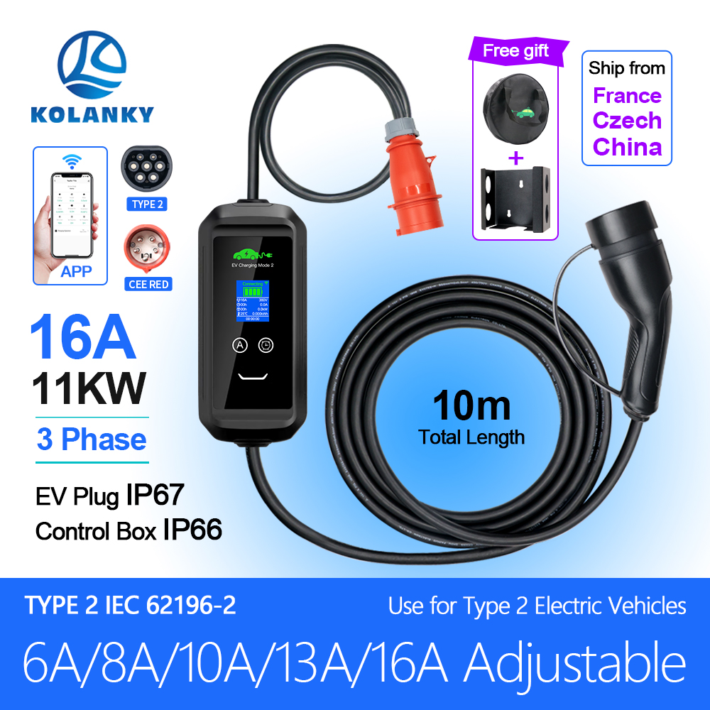 Kolanky 6/8/10/13/16A 11KW Carregador de Veículo Elétrico Temporizador Tipo 2 Inteligente TuyaAPP Conjunto de Controle Wifi Tempo de Carregamento PHEV Carro Híbido 10M