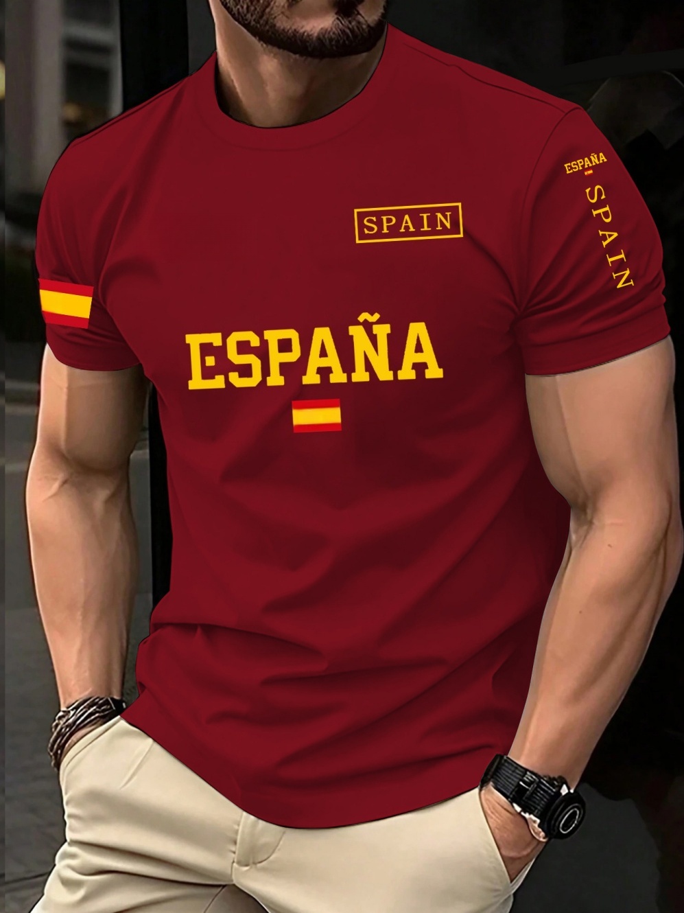 Camisa de Futebol Masculina Espanha 2026 Clássica God Spain Casual Manga Curta Gola Redonda Estilo Esportivo Roupa Masculina