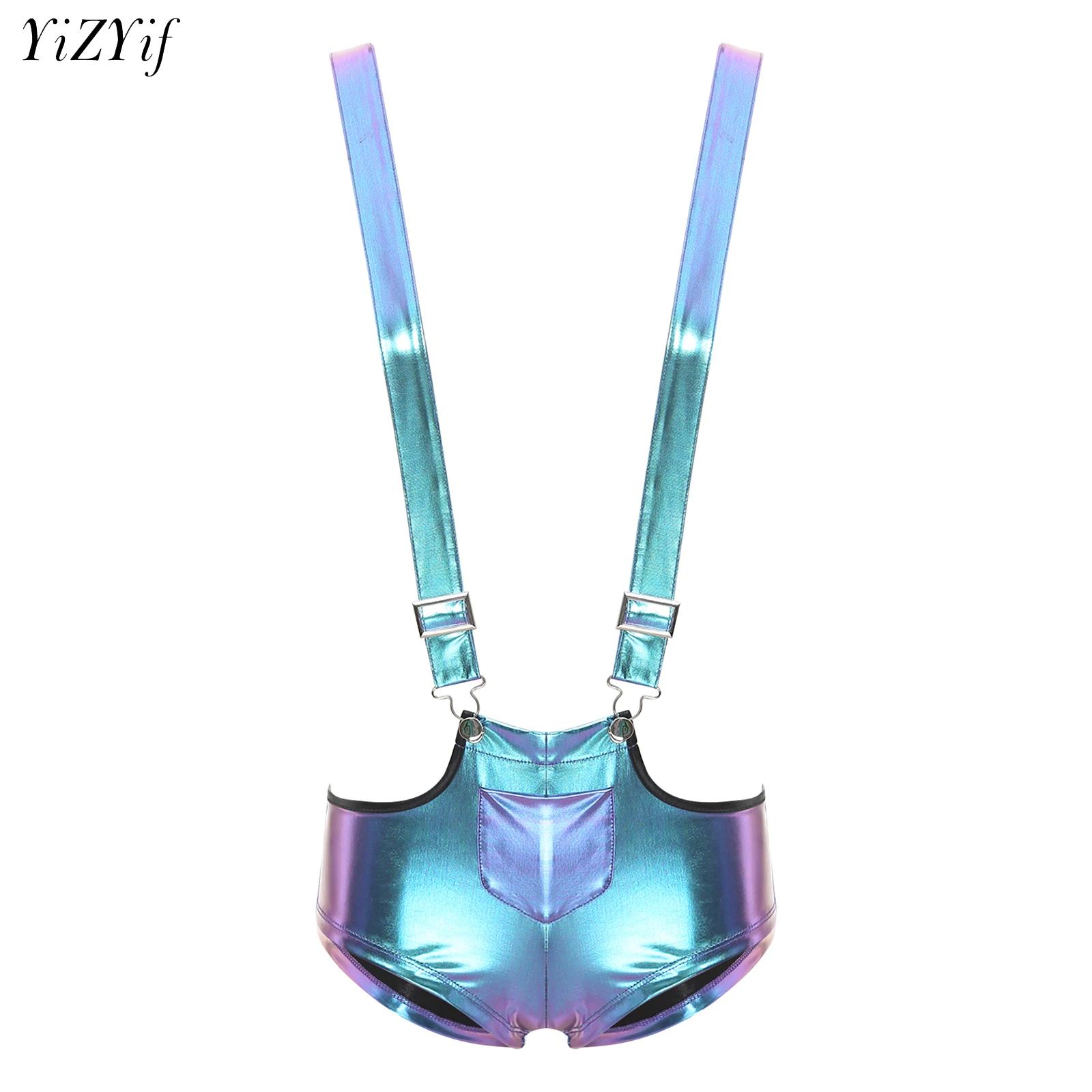 Women Shiny Metallic Suspenders Mini Shorts Hot Pants Adjustable Suspenders Fashion Holographic Rave Part Costume Club Wear
