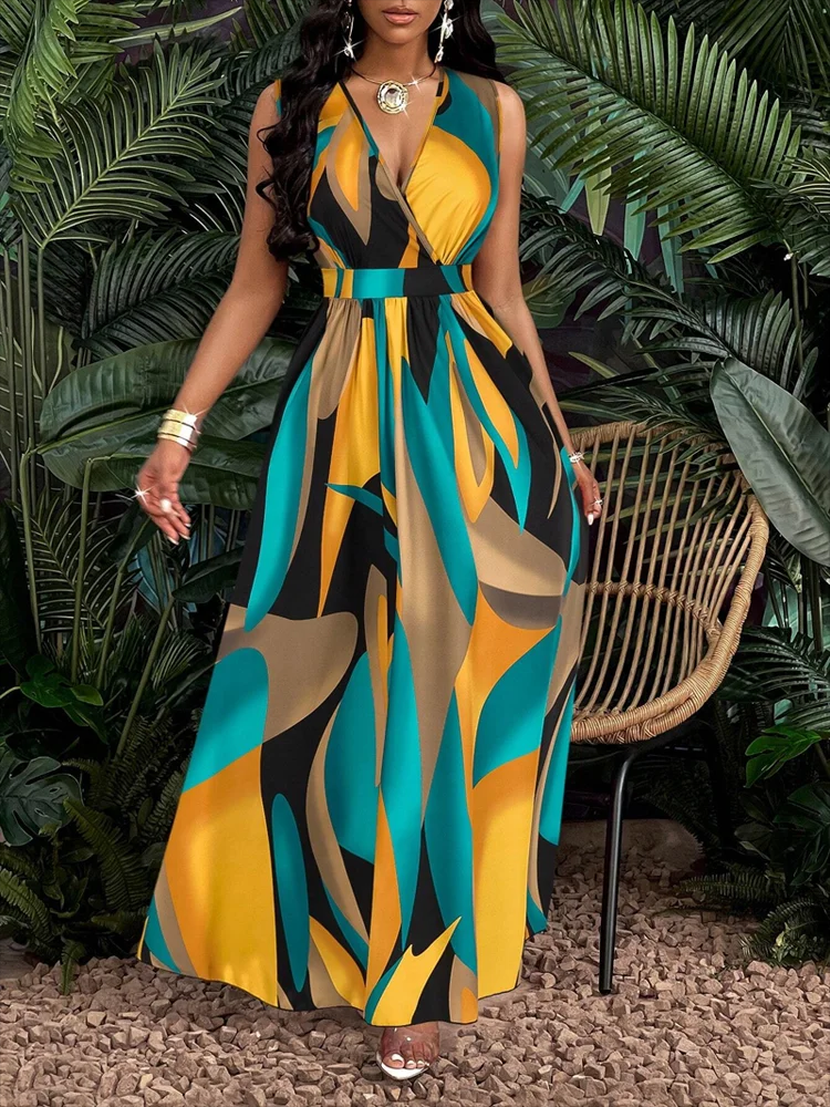 Vestido de mujer sin mangas con cuello en V hasta el suelo con estampados abstractos: moderno para ocasiones de playa y casual