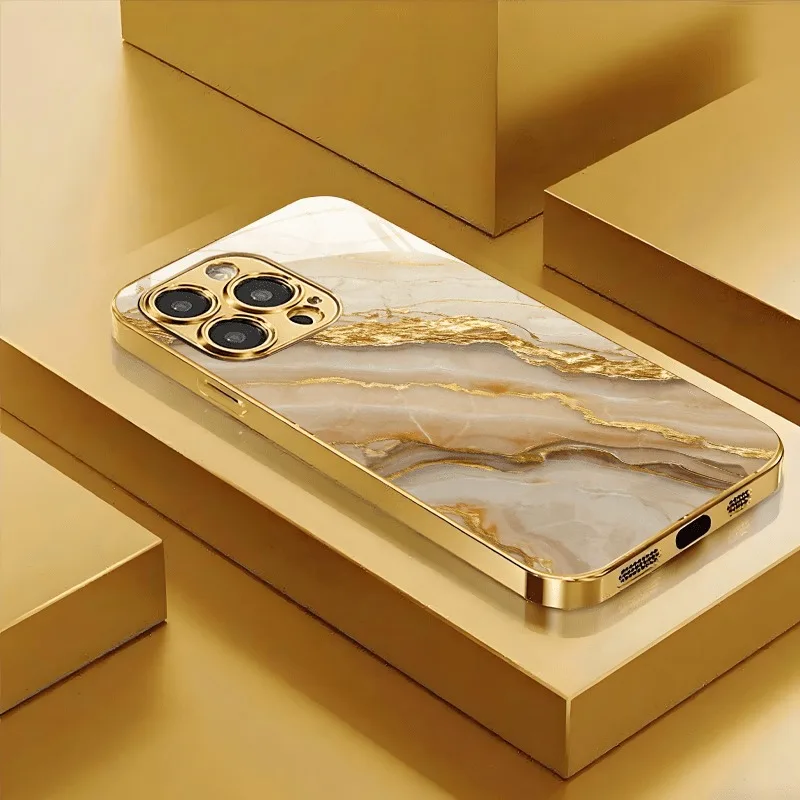 Goud Wit Marmer Patroon Telefoon Case voor iPhone 17 16 15pro14 13 12 11 12pro 13pro Max 14 plus 16e 17Air Gehard Glas Cover