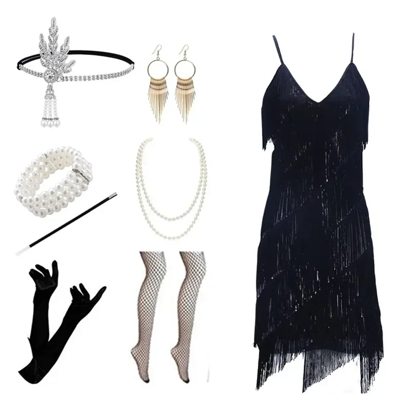 Imprezowe sukienka Gatsby wieczorowa suknia balowa Bodycon Trend frędzle obcisła sukienka kobiet seksowne cekiny 1920 sukienka z dekoltem w serek Vintage
