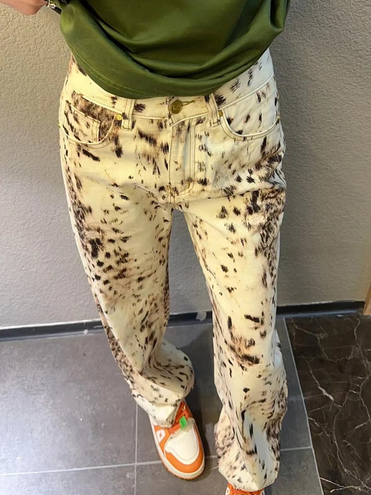 Jean Baggy à jambes larges pour femmes, taille haute, rétro, imprimé léopard, droit, Streetwear de rue, pantalon en Denim Vintage Y2k