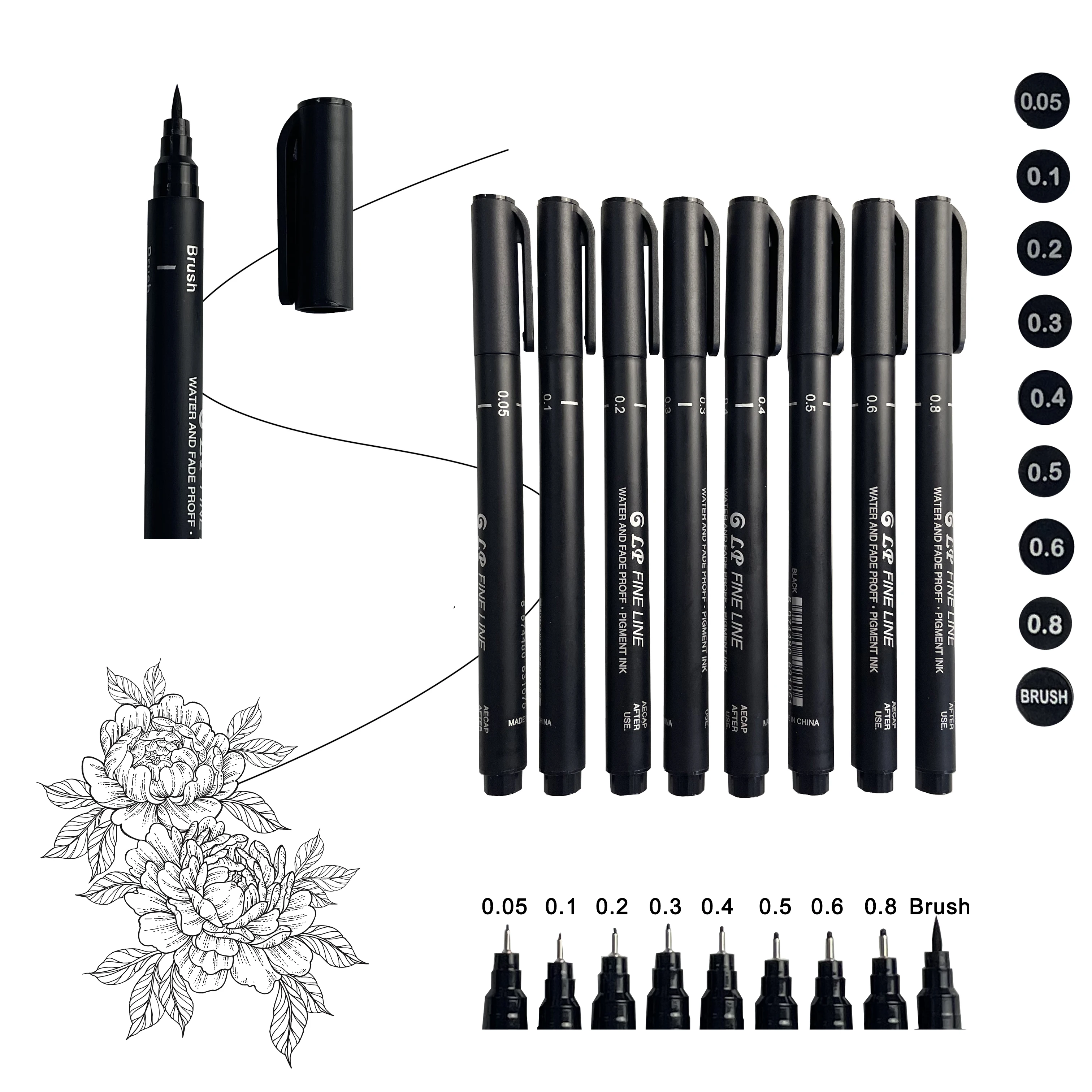 9 pcs สไตล์จีน Professional วาดเข็มมีรูพรุนปากกาสีดําแปรงนุ่มปากกากันน้ําภาพวาด Sketch Art Writing