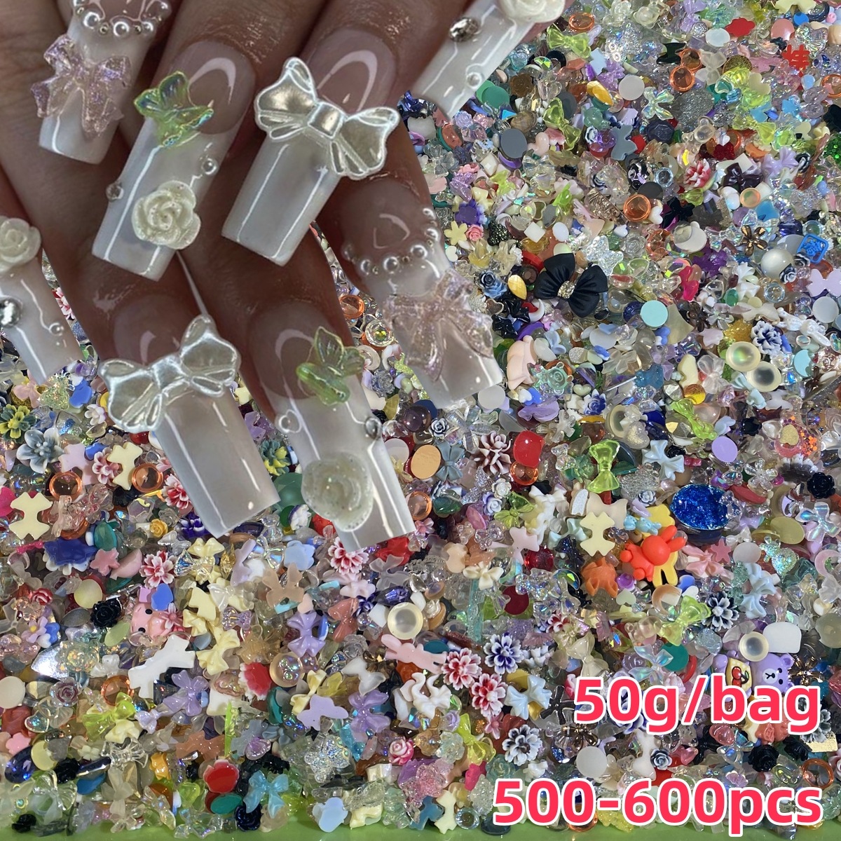 500-600 Uds. De dijes para uñas con lazo en forma de corazón y flores, colores caramelo 3D, diamantes de imitación de resina Kawaii mezclados para decoración de uñas, piezas de manicura coreanas