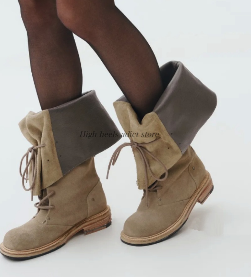 Vintage round toe lace up flod mid calf boots leather black/Khaki flats strappy causal dress booties luxury designer soft shoes