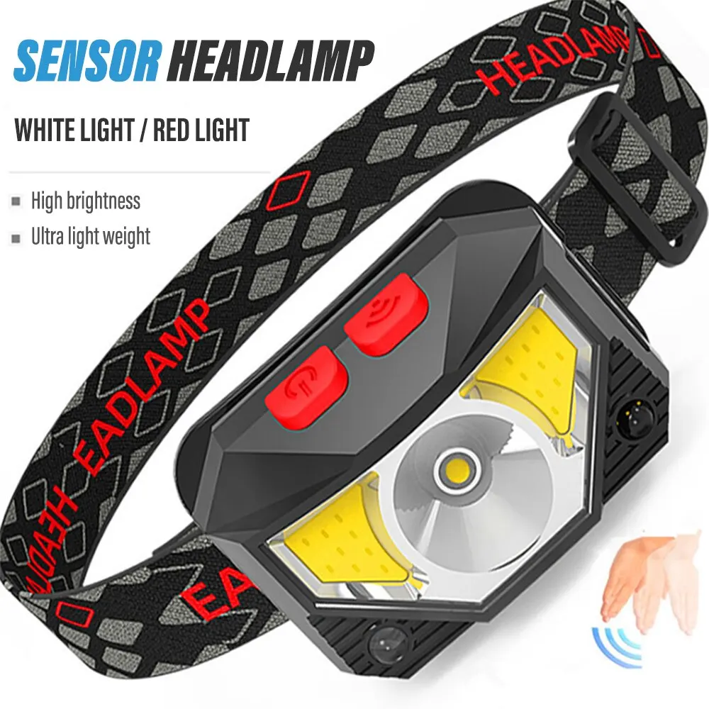 充電式 LED ヘッドランプセンサーヘッドライト COB と LED ビーズ 8 照明モード白と赤の光集魚灯