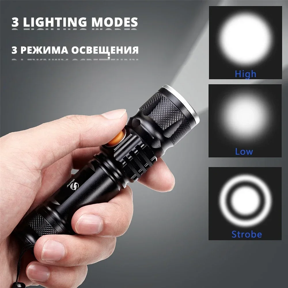 強力な LED 懐中電灯テール USB 充電ヘッドズーム可能な防水トーチポータブルライト 3 つの照明モード内蔵バッテリー