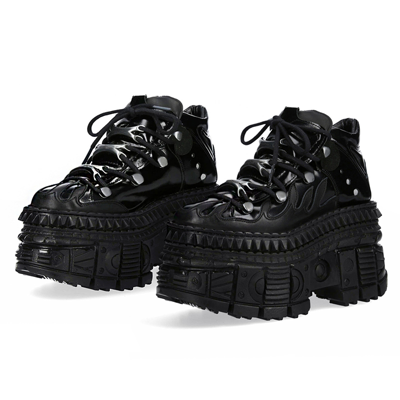 Botas Femininas de Cano Alto em Couro, Estilo Gótico Metal, com Detalhes Esculpidos, Design Millennium Spice Punk, Cadarço, Plataforma Robusta e Sola Grossa