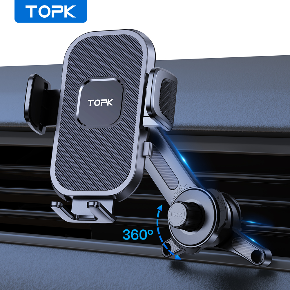TOPK D38T Support de téléphone pour voiture, bras étendu de stabilité supérieure Support à 3 points Support de téléphone à crochet métallique extensible pour voitures
