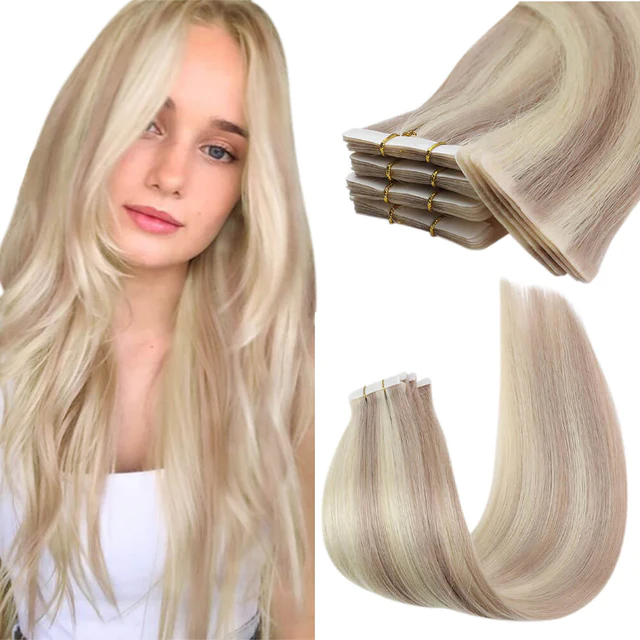 Moresoo pita injeksi rambut tanpa kelim dalam ekstensi rambut Virgin manusia nyata pita tak terlihat lurus Brasil dalam rambut kelas 10A