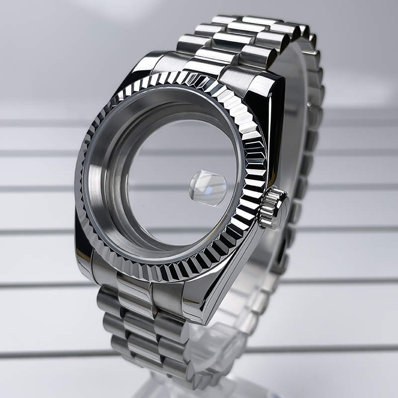 39mm NH35 Case DJ Bezel Stainless Steel President Bracelet Sapphire Glass For Seik Mod Parts Fit NH35 NH36 Movement Watch Case