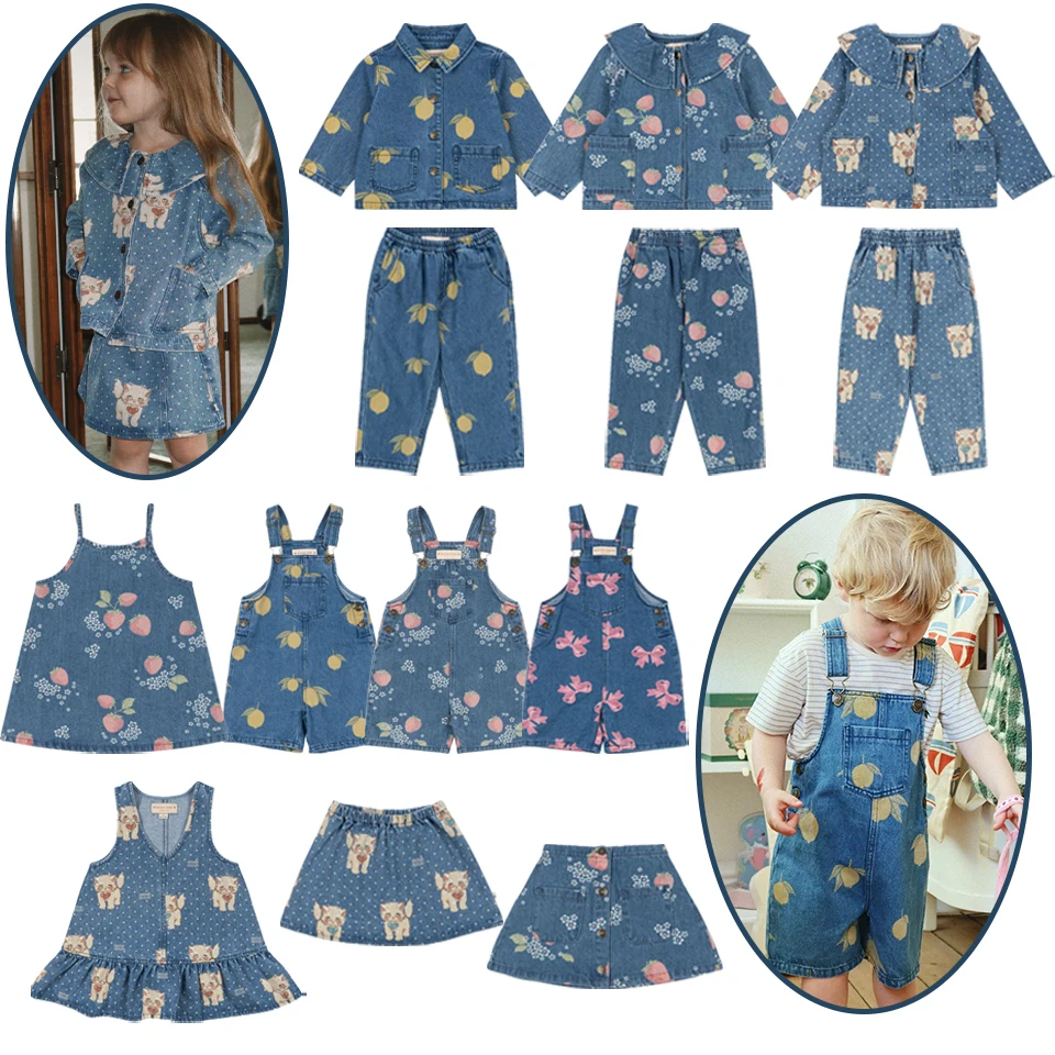 Conjunto de Ropa de Mezclilla para Niños Pequeños de 26 KS, Chaqueta de Mezclilla con Estampado de Limones para Niños, Vestido con Estampado de Gatos para Niñas, Pantalones de Mezclilla para Niños, Ropa Exterior