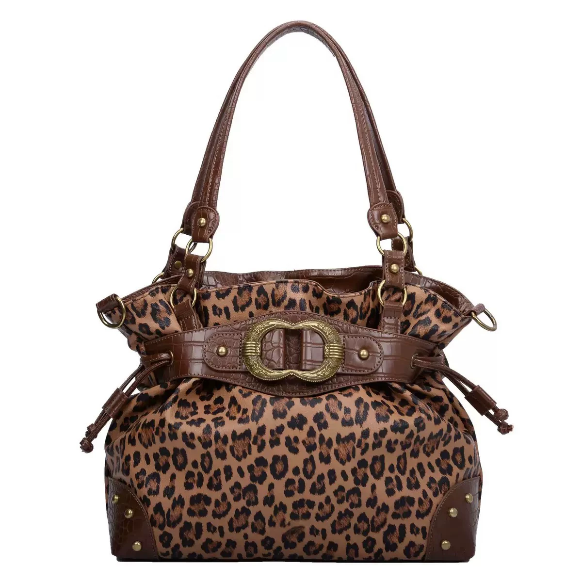 Bolsas Femininas Vintage com Estampa de Leopardo, Bolsa de Ombro Grande Marrom com Cordão, Bolsa Hobo para Compras Diárias