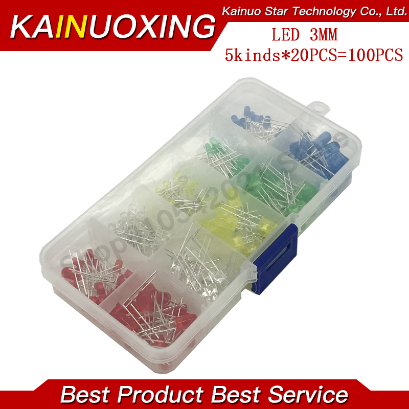 5x100pcs = 500Pcs 3MM dioda LED Kit mieszany kolor czerwony zielony żółty niebieski biały + pudełko