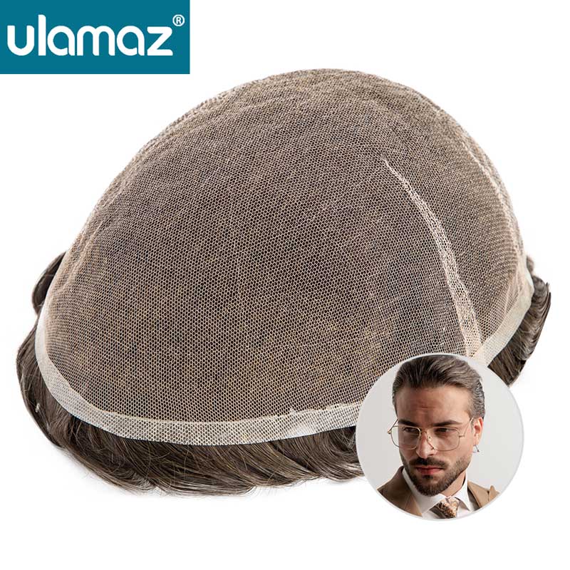 Peruca de renda suíça, peruca masculina invisível, prótese de cabelo 100% densidade, cabelo humano natural, sistema de cabelo completo de renda