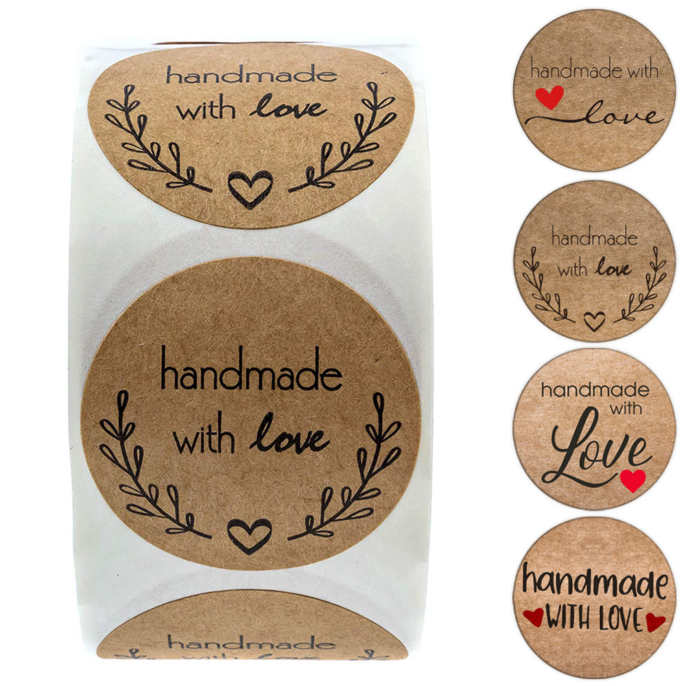 100–500 Stück 2,5 cm große Vintage-Kraftpapier-Aufkleber „Handmade With Love“ für Verpackungen, Dankeschön-Briefpapier, selbstklebende Etiketten, Backsiegel