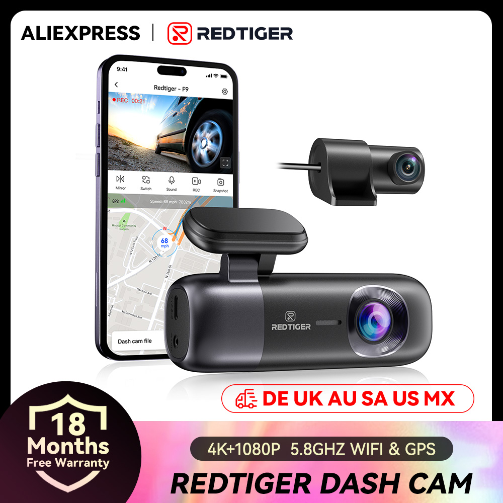REDTIGER F9 Dashcam 4K Dashcamera Voor en Achter WiFi GPS Autocamera voor Parkeermodus Nachtzicht Auto Recorder via App Besturing