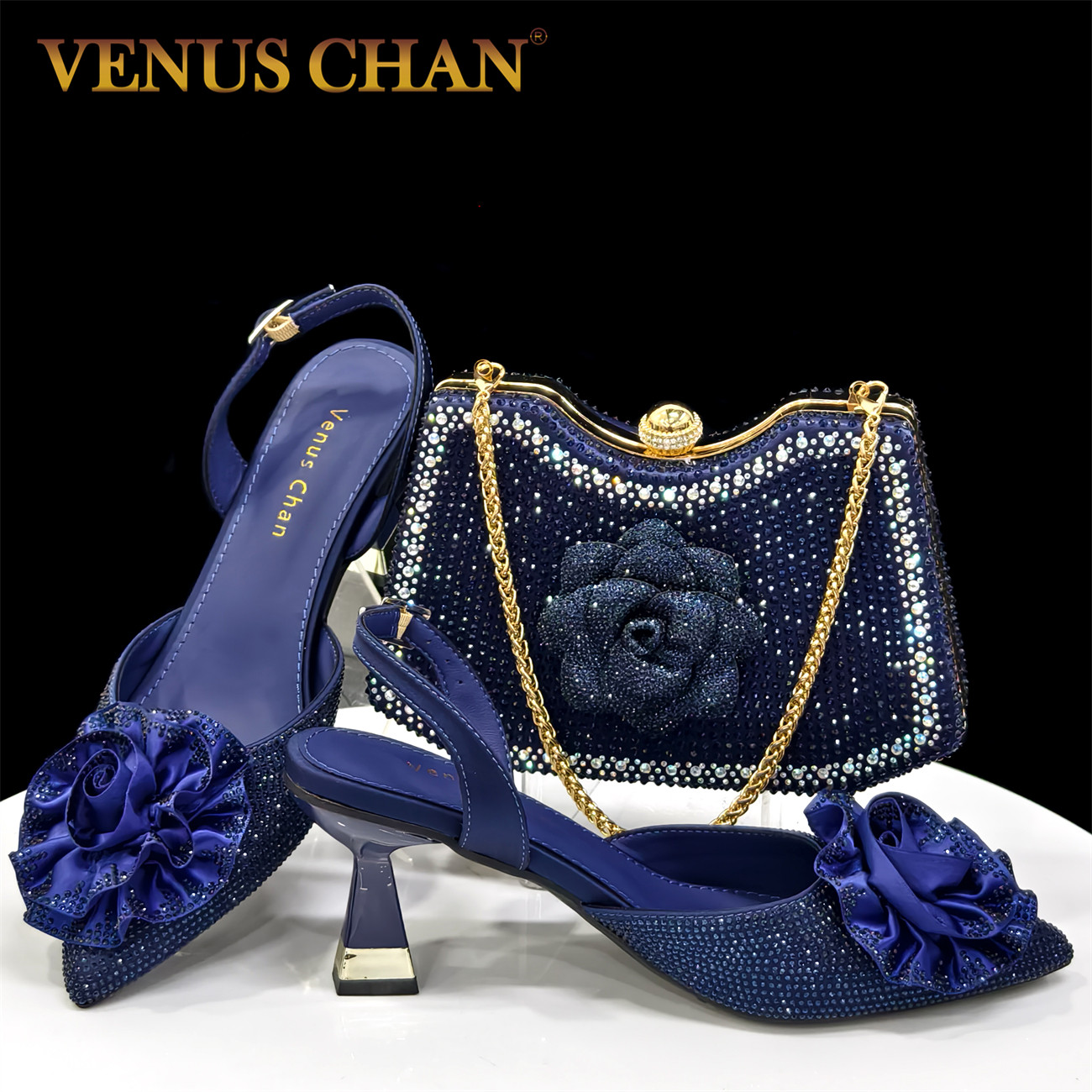 Venus Chan Элегантная блестящая темно-синяя сумочка и туфли на среднем каблуке с красивыми цветами ручной работы для свадеб и вечеринок