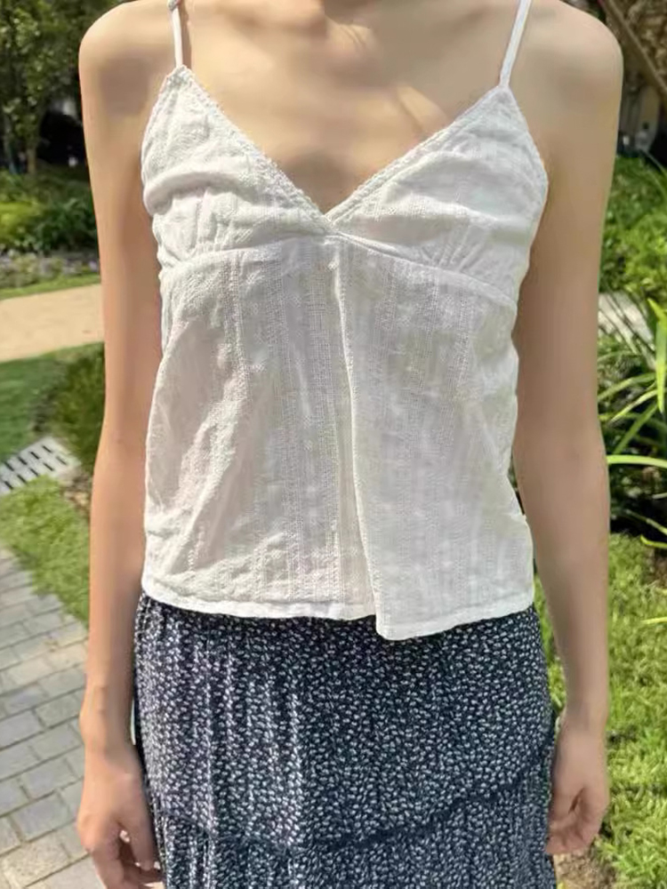 Canotta bianca con ricamo cavo Camis 2024 nuova cinghia regolabile con scollo a v gilet estivo semplice in cotone solido con cintura dolce Y2K top