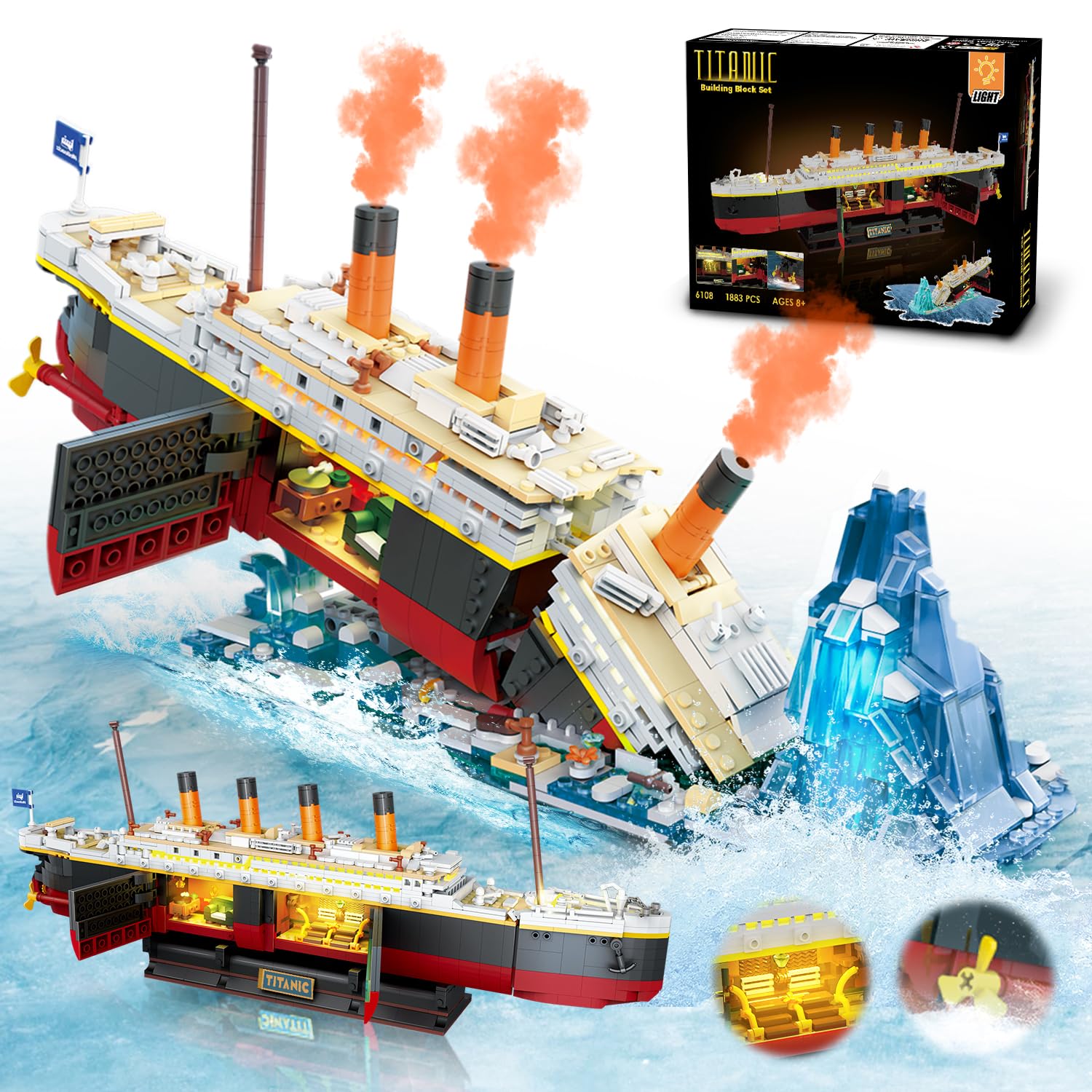 Zestaw do budowania statku Titanic z diodami LED-2 w 1 Model statku Titanic z lodowcem Stojak na zabawki Prezent dla dorosłych dzieci 10+