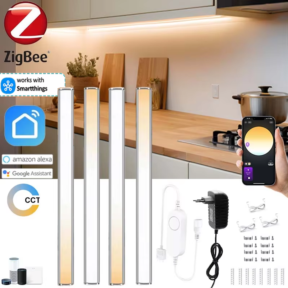 Zigbee LED-Schranklichtleisten-Set, 30 cm, dimmbar, Dual-weiß, Küchenregal, Schrank, Dekor, Tuya-App/Sprachsteuerung für Google Alexa