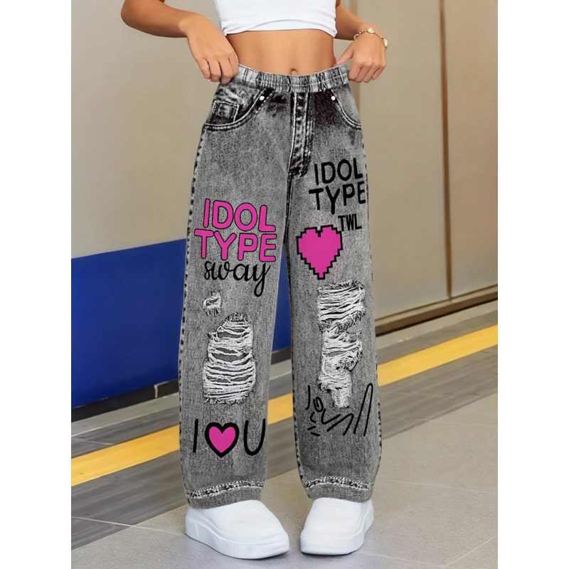 Damskie szerokie jeansy imitujące dżins z przetarciami w stylu Y2K z grafiką IDOL TYPE, odzież w stylu streetwear, 2025