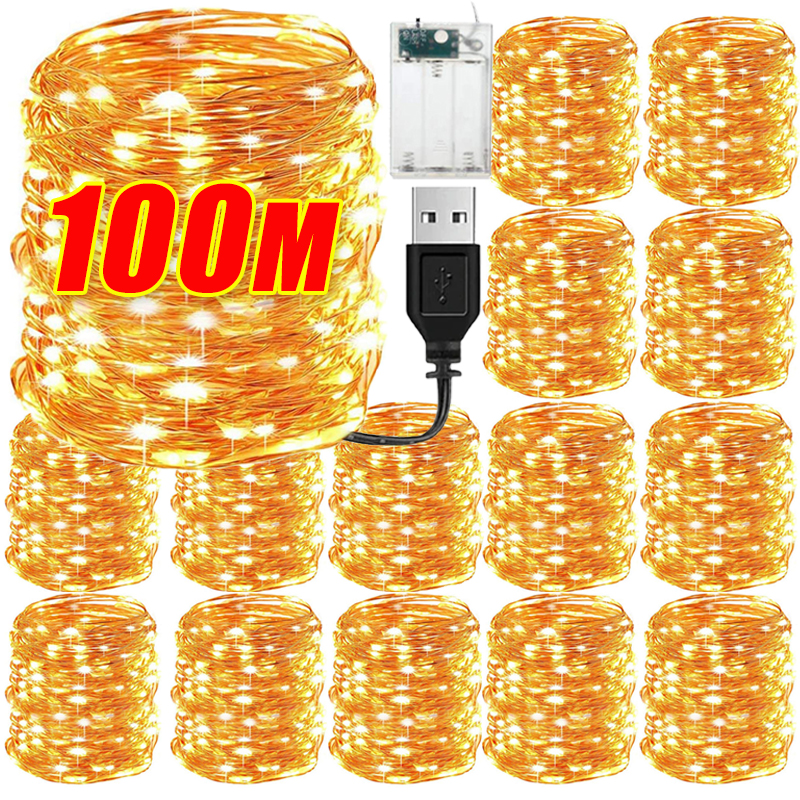 100-2M LED chaîne lumière USB/à piles fil de cuivre guirlande fée éclairage cordes noël fête de mariage décoration lampes