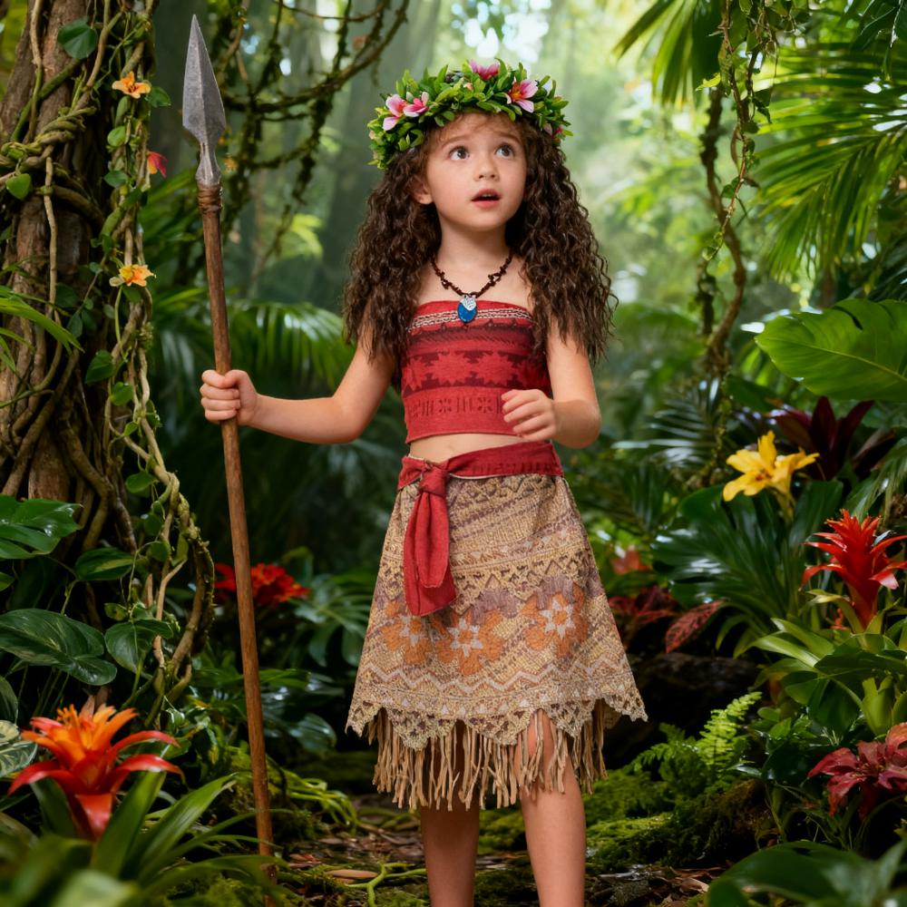 2025 Summer Moana Girl Cosplay Party Dress Children Princess Carnival Christmas Dress With Wig Necklace Wreath Pig Chicken Doll