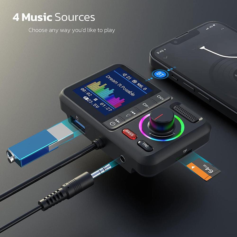 Transmisor FM inalámbrico con pantalla grande a Color 2.4A QC3.0 USB Dual carga rápida llamada manos libres adaptador auxiliar para coche reproductor de música MP3