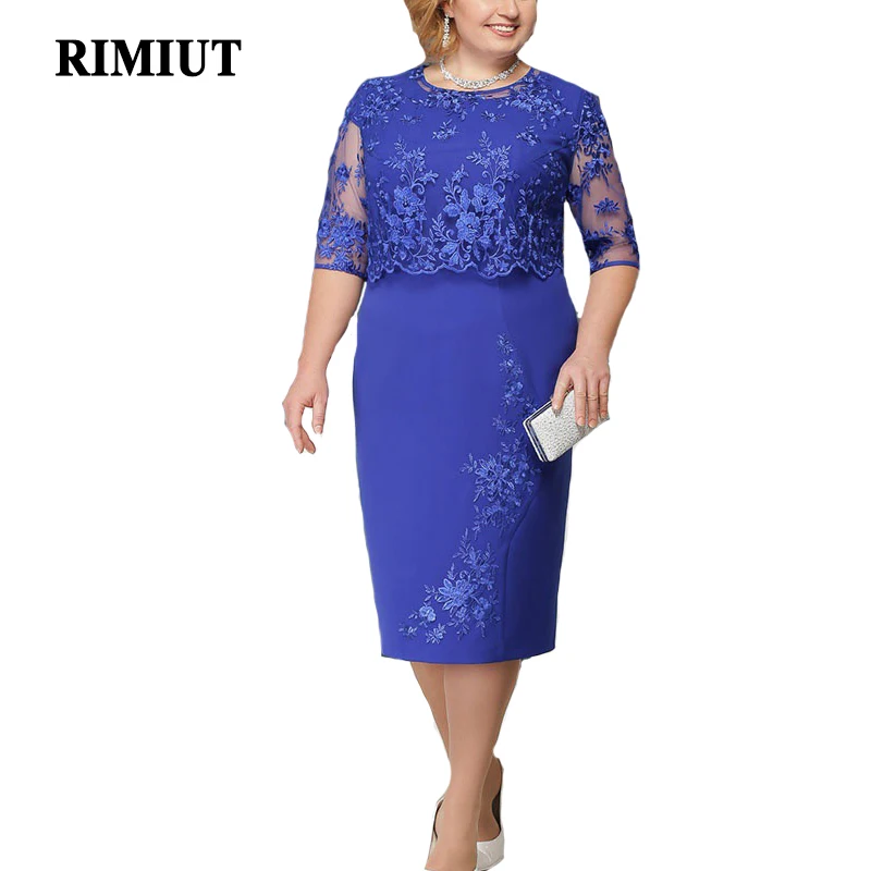 Rimiut Плюс Размер 5XL 6XL Женское Лето-Осеннее Платье Элегантное Кружевное Платье Женское Синее Вечернее Платье Платье Большой Размер Fat MM