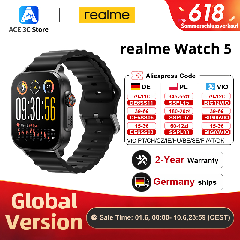 Versión global realme Watch 5 Smartwatch Brújula y GPS independiente con 5 GNSS Pantalla AMOLED de 1,97 pulgadas Hasta 14 días de duración superlarga