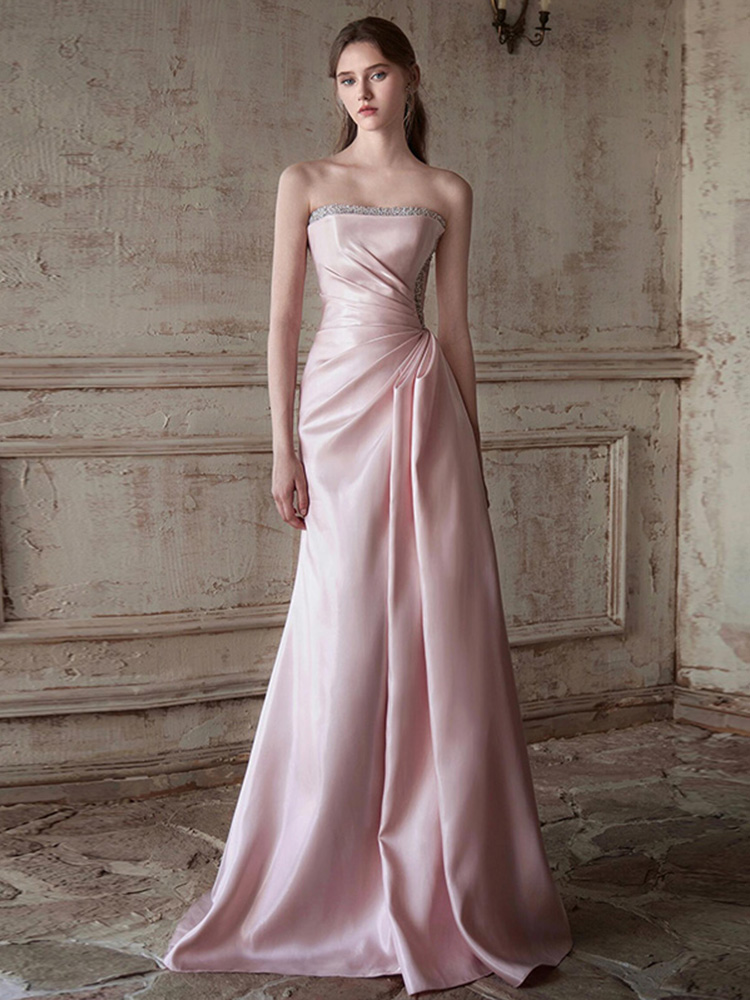 Ele Pink Strapl Evening Gown for Women Sweet Bridal Par Dr with Crystal Decorations A-Line Skirt for Wedding And ...