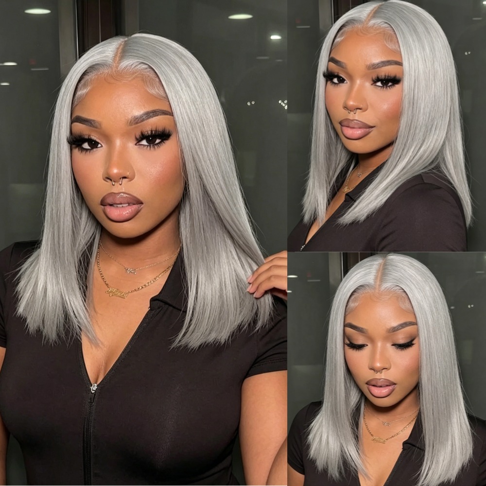 Peluca Corta Bob Liso Gris Plateado con Encaje Frontal 13x6 de Cabello Humano Transparente para Mujeres Negras, Pre-arrancada con Cabello de Bebé