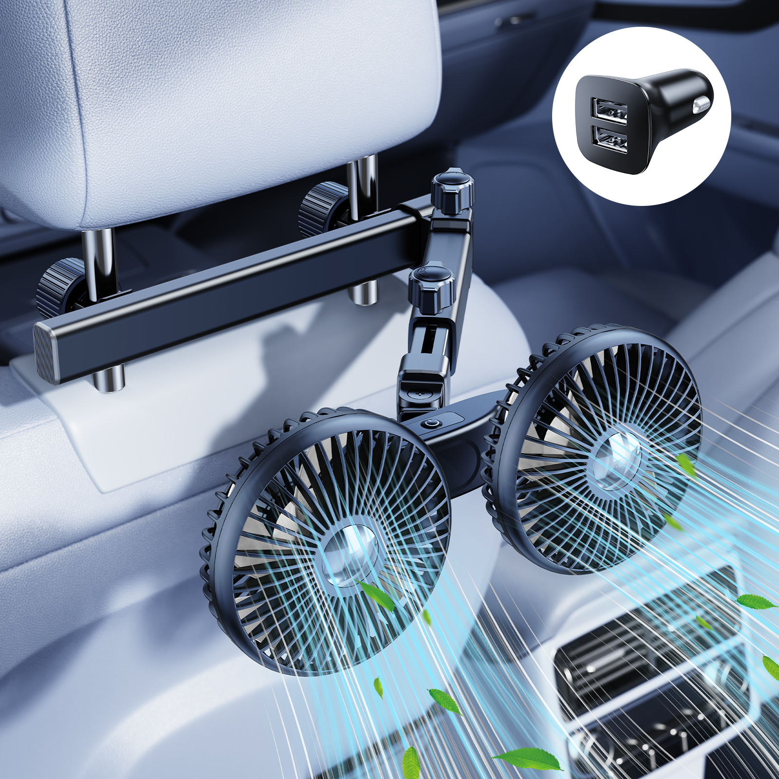 Hipacool 2024 ventilador de coche mejorado enchufable o batería ventilador de doble cabezal viento fuerte sonido silencioso gancho de almacenamiento de coche ventilador de refrigeración de coche Flexible
