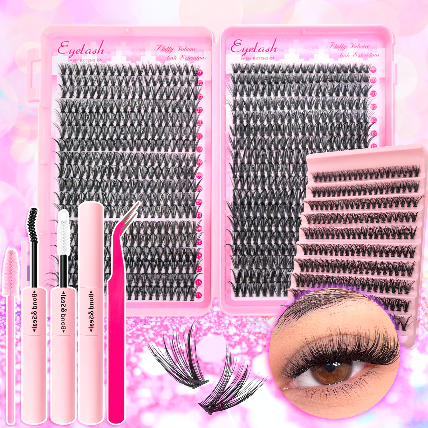 Kit de extensión de pestañas, 720/200 Uds., kit de extensión de pestañas esponjosas con unión de pestañas y sello, pinzas para pestañas gruesas, grupos de pestañas finos