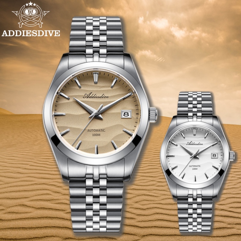 Addiesdive 39mm luxo casal relógio textura do deserto 316l aço inoxidável 100m mergulhador data relógio mecânico automático reloj hombre