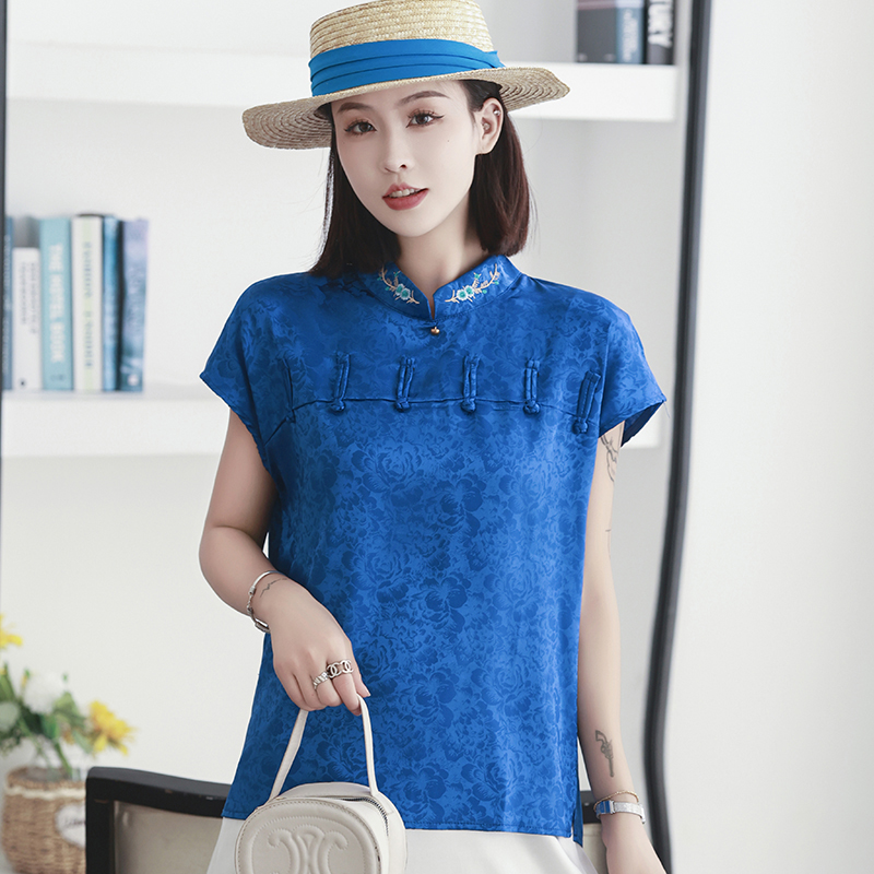 Ropa de verano para mujer, Tops bordados de seda sintética, Cheongsam mejorado, camisa estampada con hebilla de placa de estilo chino de manga corta