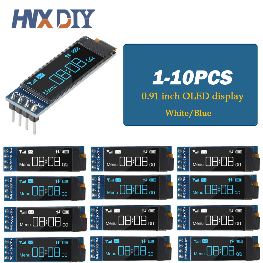 1-10pcs 0.91 Inch 128x32 IIC I2C White / Blue OLED LCD Display DIY Module SSD1306 Driver IC DC 3.3V 5V for arduino
