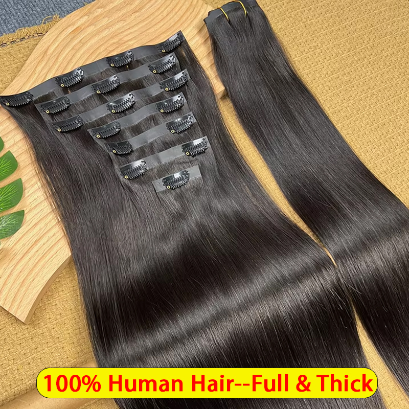 Extensiones de Cabello Humano Liso Natural con Clip, Invisibles y Sin Costuras, Cabello Virgen Sin Procesar, Trama de PU, Juego Completo de 7 Piezas