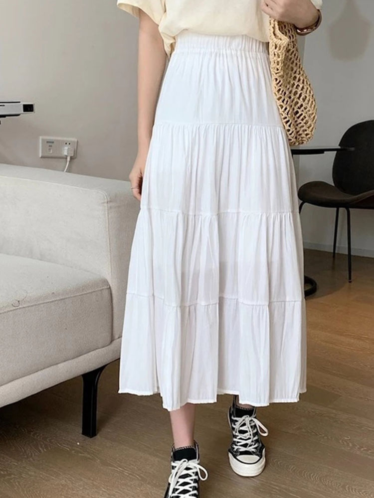 Primavera verão feminino chiffon saias vintage cintura alta elástica retalhos branco preto chique longo bolo a linha saia para estudante