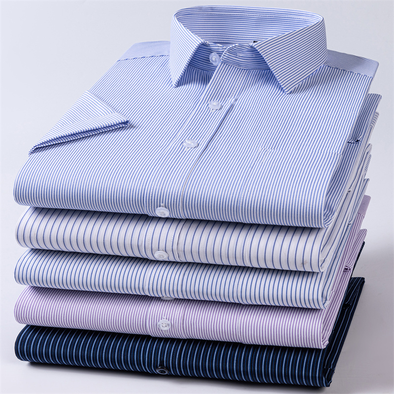 Camisa Formal Masculina de Manga Curta para Escritório, Cor Sólida, Listrada, Moda Empresarial, Camisa Social Branca com Bolso, Roupas Masculinas 5XL 6XL