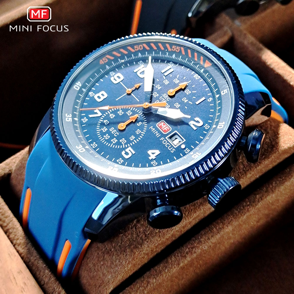 MINI FOCUS-Relógio de quartzo masculino, pulseira de silicone azul, cronógrafo, relógio de pulso luminoso, data, impermeável, 0379