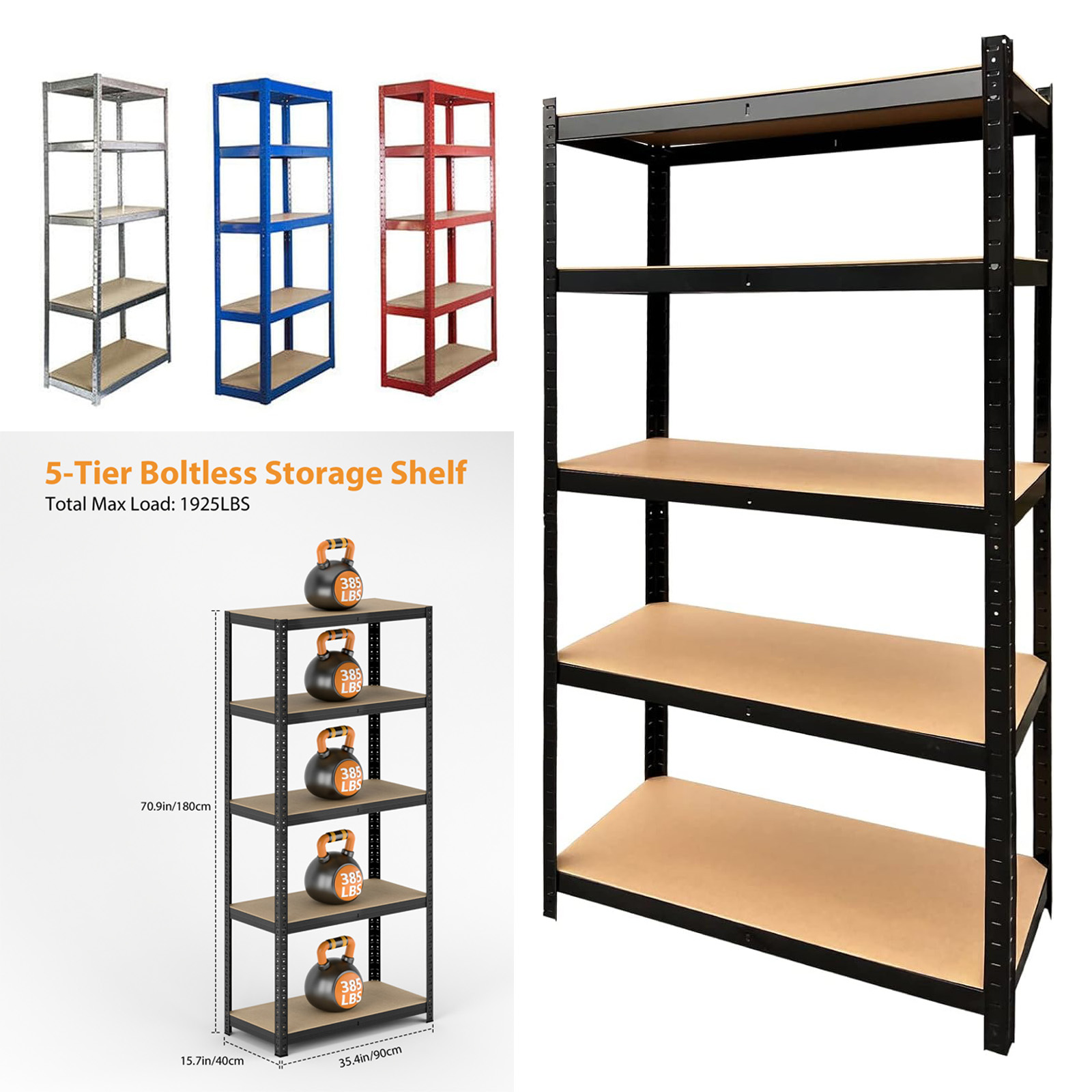 Étagères de garage à 5 niveaux, unité d'étagérage, rayonnage sans boulons, étagère réglable, stockage robuste, capacité de 875 kg, 180 cm x 90 cm x 40 cm