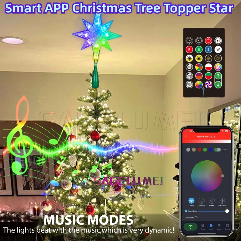 Árvore de natal topo inteligente árvore de natal topper estrela octogonal diy sincronização música voz remoto app decoração feriado árvore de natal luz