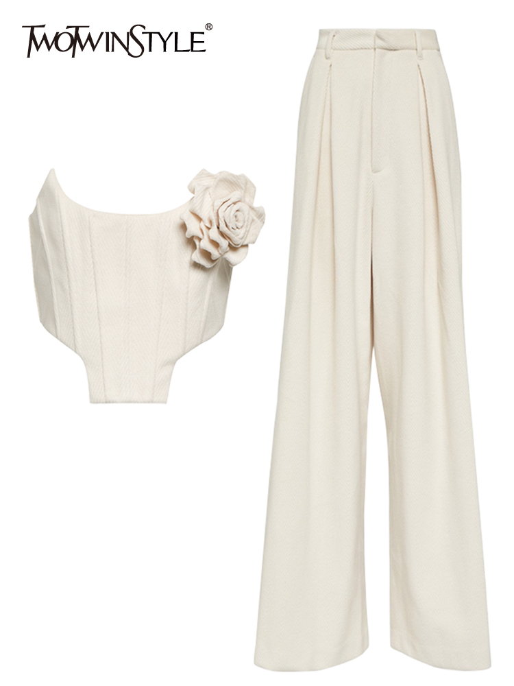 TWOTWINSTYLE Effen Tweedelige Sets Voor Vrouwen Strapless Mouwloze Gesplitste Applicaties Top Hoge Taille Wijde Pijpen Broek Sexy Set Vrouwelijke
